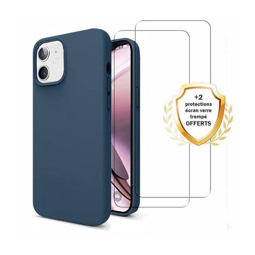 Coque Iphone 11 Silicone Liquide Bleu Marine + 2 Vitres En Verre Trempé Protection Écran Antichocs Evetane