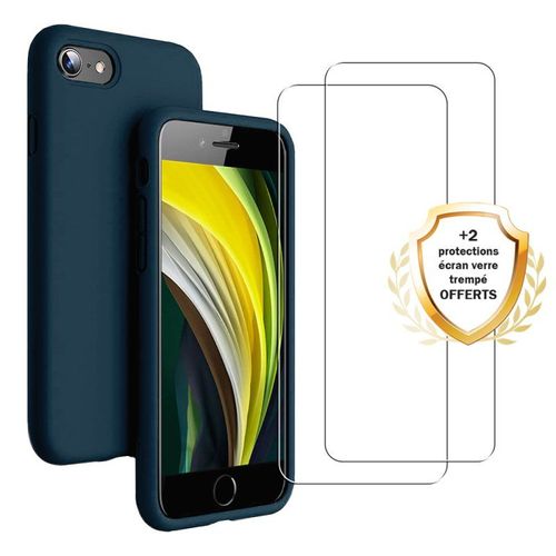 Coque Iphone 7/8/Se 2020/2022 Silicone Liquide Bleu Marine + 2 Vitres En Verre Trempé Protection Écran Antichocs Evetane