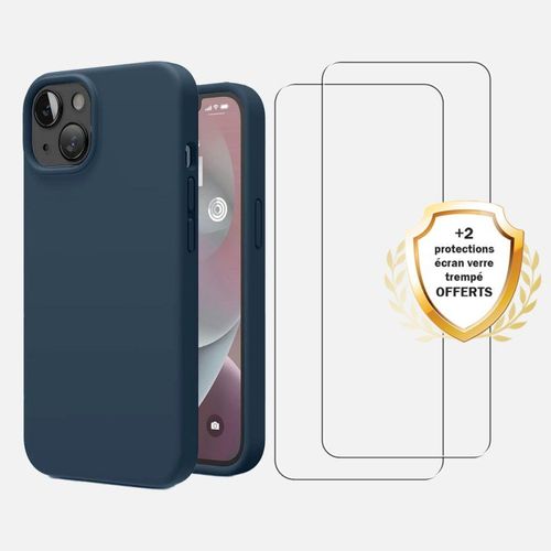 Coque Iphone 13 Silicone Liquide Bleu Marine + 2 Vitres En Verre Trempé Protection Écran Antichocs Evetane