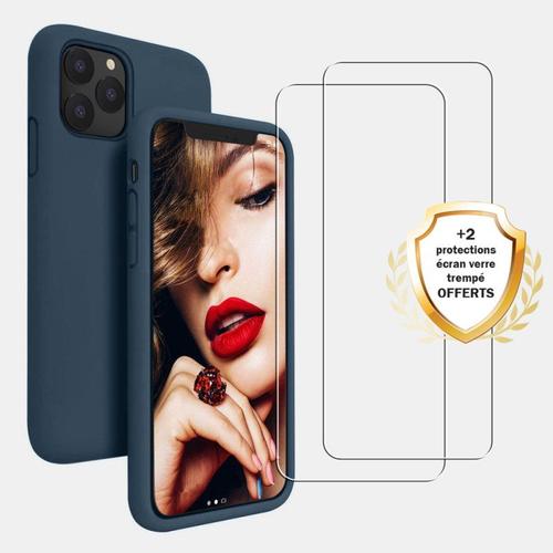 Coque Iphone 11 Pro Silicone Liquide Bleu Marine + 2 Vitres En Verre Trempé Protection Écran Antichocs Evetane