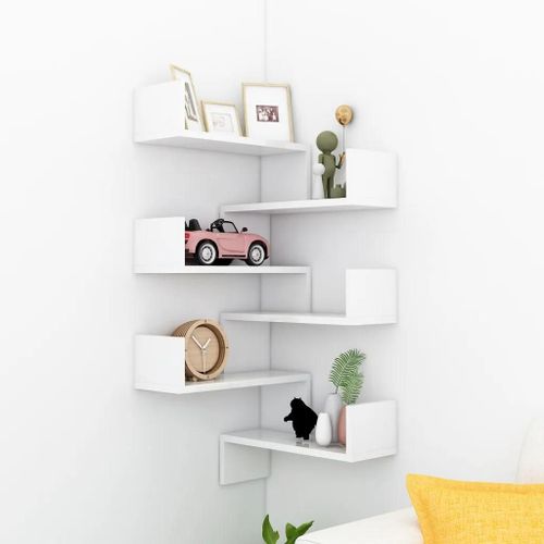Prolenta Premium - Étagères Murales D'angle 2 Pcs Blanc Brillant Bois D¿Ingénierie
