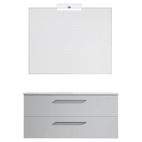 Ensemble De Salle De Bain Meuble Suspendu 100cm Double Classic Blanc Brillant - Vasque En Céramique - Miroir Sur Châssis - Applique Lumineuse