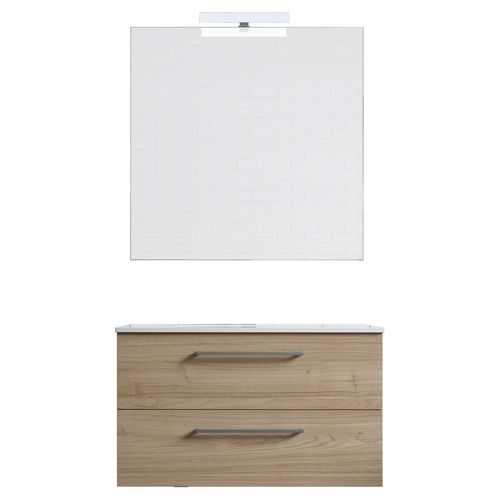 Ensemble De Salle De Bain Meuble Suspendu 80cm Double Classic Bois Clair - Vasque En Céramique - Miroir Sur Châssis - Applique Lumineuse