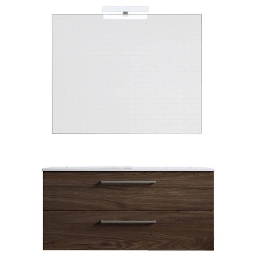 Ensemble De Salle De Bain Meuble Suspendu 100cm Double Classic Bois Foncé - Vasque En Céramique - Miroir Sur Châssis - Applique Lumineuse