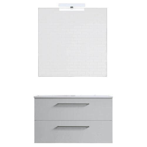 Ensemble De Salle De Bain Meuble Suspendu 80cm Double Classic Blanc Brillant - Vasque En Céramique - Miroir Sur Châssis - Applique Lumineuse