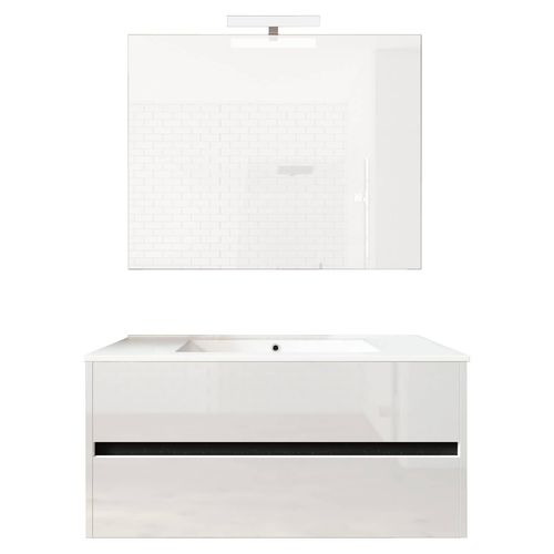 Ensemble De Salle De Bain Meuble Suspendu 100cm Double Edge Blanc Brillant - Vasque En Céramique - Miroir Sur Châssis - Applique Lumineuse