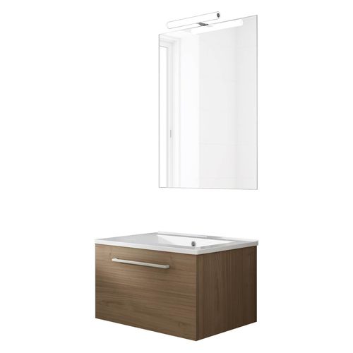 Ensemble De Salle De Bain Meuble Suspendu 60cm Nice Classic Bois Clair - Vasque En Céramique - Miroir Sur Châssis - Applique Lumineuse