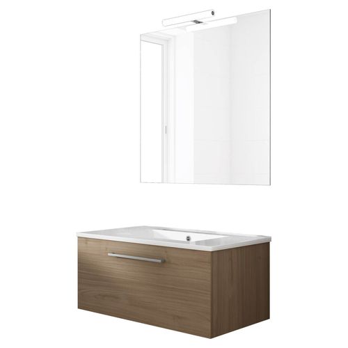 Ensemble De Salle De Bain Meuble Suspendu 80cm Nice Classic Bois Clair - Vasque En Céramique - Miroir Sur Châssis - Applique Lumineuse