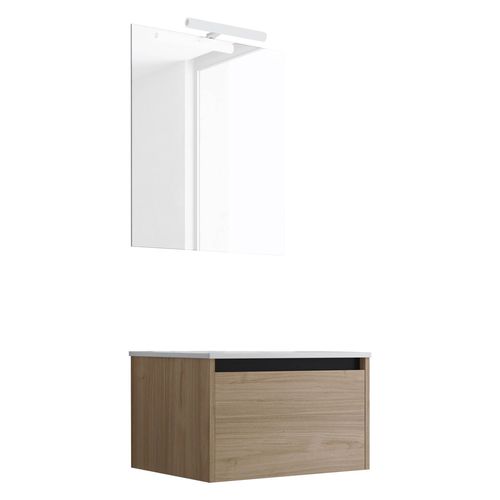 Ensemble De Salle De Bain Meuble Suspendu 60cm Nice Edge Bois Clair - Vasque En Céramique - Miroir Sur Châssis - Applique Lumineuse