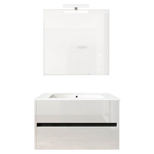 Ensemble De Salle De Bain Meuble Suspendu 80cm Double Edge Blanc Brillant - Vasque En Céramique - Miroir Sur Châssis - Applique Lumineuse
