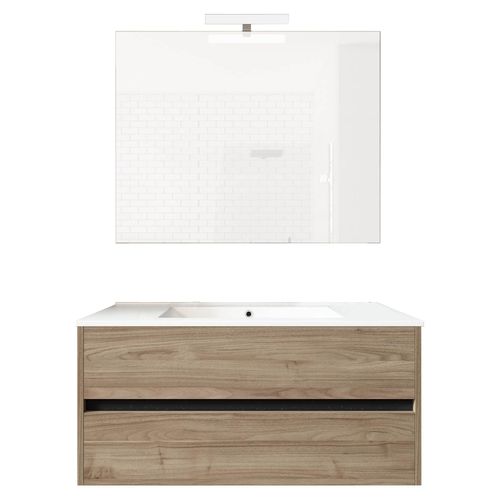 Ensemble De Salle De Bain Meuble Suspendu 100cm Double Edge Bois Clair - Vasque En Céramique - Miroir Sur Châssis - Applique Lumineuse