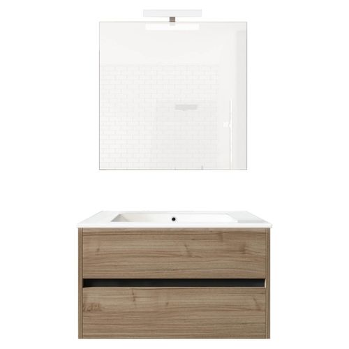 Ensemble De Salle De Bain Meuble Suspendu 80cm Double Edge Bois Clair - Vasque En Céramique - Miroir Sur Châssis - Applique Lumineuse