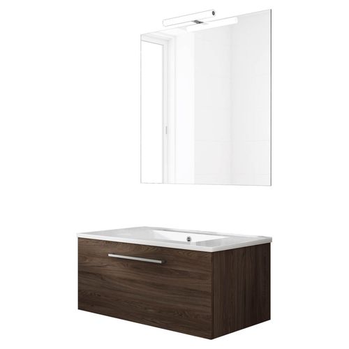 Ensemble De Salle De Bain Meuble Suspendu 80cm Nice Classic Bois Foncé - Vasque En Céramique - Miroir Sur Châssis - Applique Lumineuse