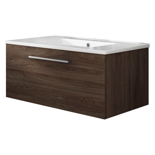 Meuble De Salle De Bain Suspendu 80cm Nice Classic Bois Foncé - Vasque En Céramique