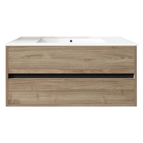 Meuble De Salle De Bain Suspendu 100cm Double Edge Bois Clair - Vasque En Céramique