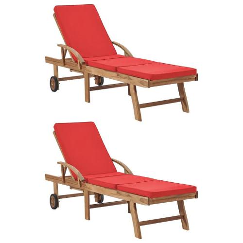 Prolenta Premium - Chaises Longues Avec Coussins 2 Pcs Bois De Teck Solide Rouge