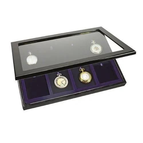 Vitrine En Bois - Safe - Montres De Gousset - 8 Emplacements - Couvercle Magnétique - Fond Velours Bleu-Roi