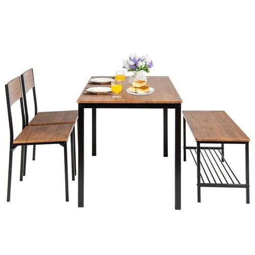 Costway Ensemble Table À Manger Et 2 Chaise 1 Banc - 4 Personnes, Industriel, Structure En Métal Pour Restaurant, Cuisine, Marron
