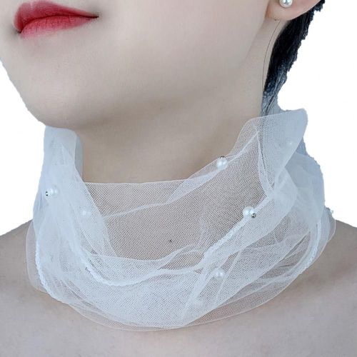Écharpe En Dentelle Organza Pour Femme,Col De Document Solide,Décor De Fausses Perles,Élégant,Multifonctionnel,Élastique,Rond