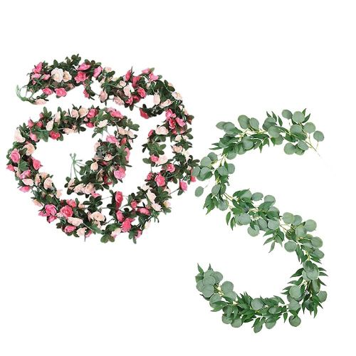 2pcs Fleur de rose artificielle Vigne florale et 1 pcs 6.56ft argent artificiel dollar eucalyptus et volonté