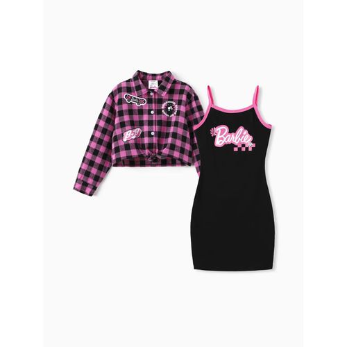 Barbie Kid Fille 2pcs Coton Plaid Noué Chemise Cardigan Et Sling Robe Ensemble