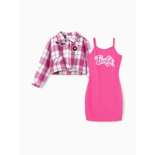 Barbie Kid Fille 2pcs Coton Plaid Noué Chemise Cardigan Et Sling Robe Ensemble