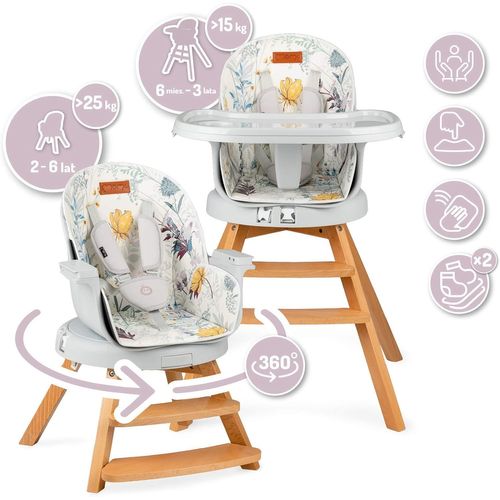 Woodi Chaise Haute 3 En 1 Pour Bébés Et Enfants De 6 À 36 Mois (Poids Max.15 Kg),83 X 60,5 X 104 Cm Poids 11,3 Kg Harnais De Sécurité 5 Points Chaise Haute Pour Bébé 360°,Flower