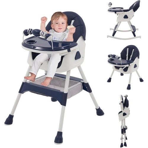 3 En 1 Chaise Haute Bébé Evolutive Pliable Chaise Haute Transat Inclinable Enfant Chaise Reglable Hauteur Avec Roue Verrouillable Et Double Plateau,Porte-Jouets,De 6+ Mois,4 Angles D'inclinaison
