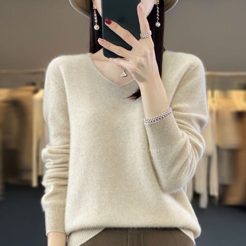 Pull En Laine Mérinos Monochrome Pour Femme,Col En V,Manches Longues,Pull Chaud,Pur,Automne,Hiver,
