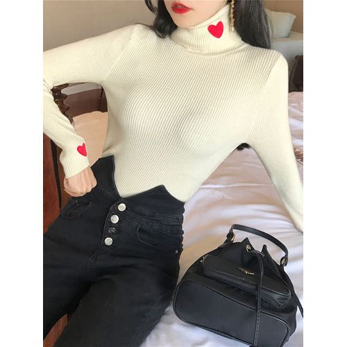 Pulls À Col Roulé Brodés En Forme De C?ur Pour Femmes,Pull Basique,Pull Doux Et Chaud Pour Femmes,Pull De Lit En Deau,Automne Et Hiver