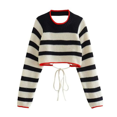Traf-Pull En Tricot Rayé Pour Femme,Pulls Courts,Haut À Manches Longues,Dos Nu,Automne,Hiver