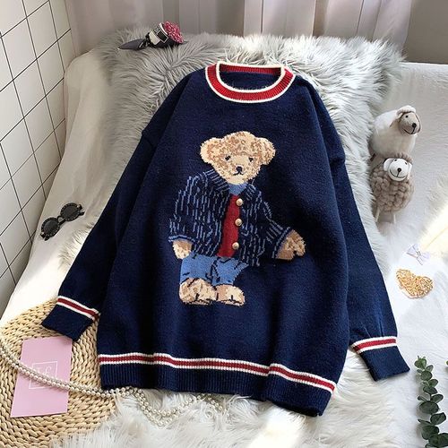 Harajuku-Pull Surdimensionné Avec Broderie D'ours De Dessin Animé Pour Femme,Optique Décontractée,Chaud,Doux,Pulls Kawaii,Automne,Hiver