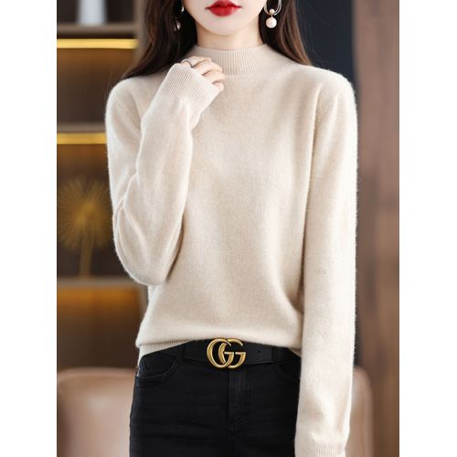 Pull En Laine Mérinos Pour Femme,Pull À Col Montant,Pulls Basiques Doux Et Chauds,Vêtements En Laine Tricotée À Manches Longues,Automne,Hiver,
