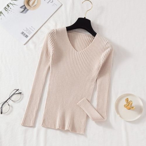 Pull Décontracté À Manches Sulfet Col En V Pour Femme,Vêtement Basique En Jersey Solide,À La Mode,Automne Et Hiver