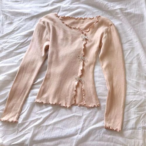 Pull Décontracté À Manches Longues Avec N?ud Papillon Pour Femme,Noir Et Blanc,Garniture En Laitue Unie,Vêtements De Printemps Et D'automne,Y2k,2024