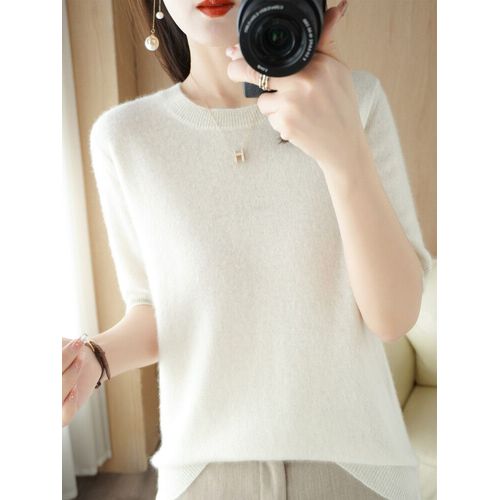 Pull En Laine Mérinos Pour Femme,Pull En Cachemire,Tricots Basiques À Col Rond,Manches Courtes,T-Shirt Élégant,Vêtements À La Mode
