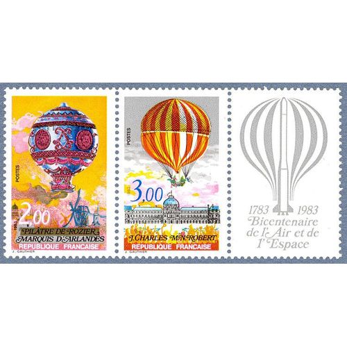 France 1983, Très Beau Tryptique Neuf** Luxe Yvert 2262a, Timbres 2261 Et 2262 - 1783-1983 , Ballon À Air Chaud De Pilâtre De Rozier, Ballon À Hydrogène Et Vignette Commémorative.