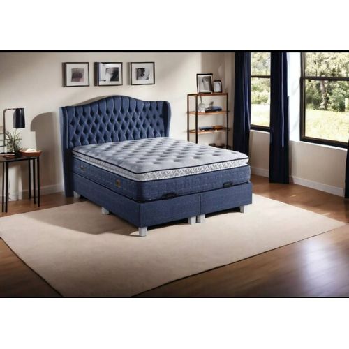Un Lit Coffre Capitonné Avec Rangements Intégrés, Design Moderne En Gris & Bleu