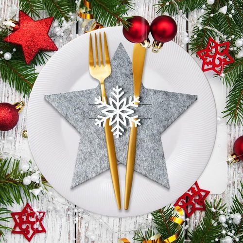 Porte Couverts De Noël, 12 Pièces Porte Couverts Noël En Feutre En Forme De Flocon De Neige, Étoile Paniers À Couvert Decoration De Table Noël Pour Décoration De Table De Fête De Noël