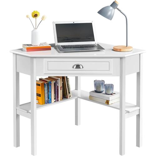 Bureau D'angle Poste De Travail Informatique Bureau En Bois Avec Tiroir Et Étagère De Rangement Design Classique Et Élégant 106 X 71,5 X 76,5 Cm Blanc