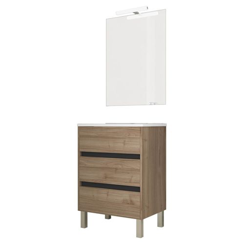 Ensemble De Salle De Bain Meuble 60cm Stay Three Edge Bois Clair - Vasque En Céramique - Miroir Sur Châssis - Applique Lumineuse