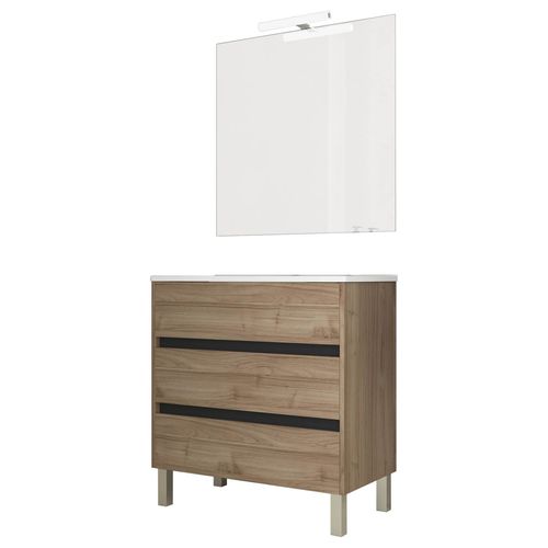 Ensemble De Salle De Bain Meuble 80cm Stay Three Edge Bois Clair - Vasque En Céramique - Miroir Sur Châssis - Applique Lumineuse