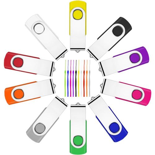 2GB Memory Stick 10 Pack-USB Flash Drives USB 2.0 Swivel Design Pen Drive,Thumb Drive for Data Storage,Zip Drive and Jump Drive with LED Light-Multiple Colour