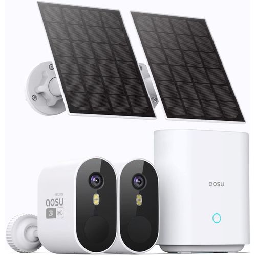 2k Camra Surveillance Wifi Extrieure Sans Fil, Solar Security Cameras Kit, Base+2 Cam, Sans Abonnement - Enregistrement Local, Angle De Vue 166, Vision Nocturne, Dtecteur De Mouvement, Ip67.[G823]