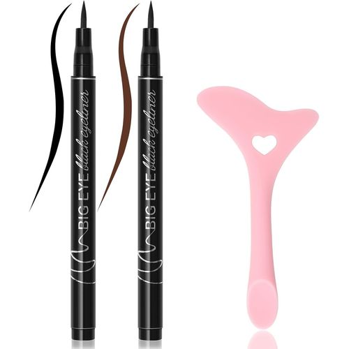2pcs Black Brown Liquid Eyeliner,Waterproof Eyeliner Pen With Winged Eyeliner Tool,Creates Bold For Cat Eyes