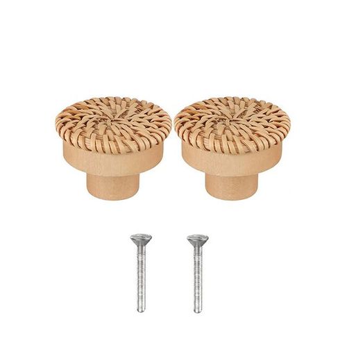2pcs - Lvent De Commode En Rotin Boho, Boutons De Fusion Ronds En Bois, Tisss  La Main Par L'unicef, Vis Pour Meubles Boho