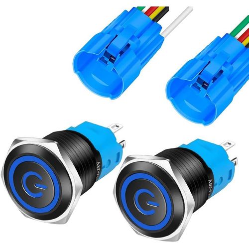 2pices 16mm Mtal Noir Interrupteur  Bouton Poussoir 12v-24v 3a Symbole D'alimentation Led 1no1nc Spdt Allum/teint Interrupteur  Bascule tanche Avec Prise De Fil (Led Bleue)