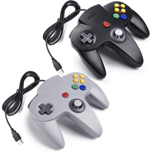 2x Manette De Jeu 64 N64 Usb Classique Gamepad Joystick Pour Windows Pc Mac (Noir/Gris 2 Pack)