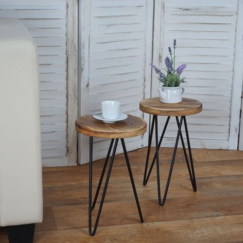 2x Table D'appoint Hwc-A80, Table De Nuit, Design Industriel, Bois Vritable, 35cm