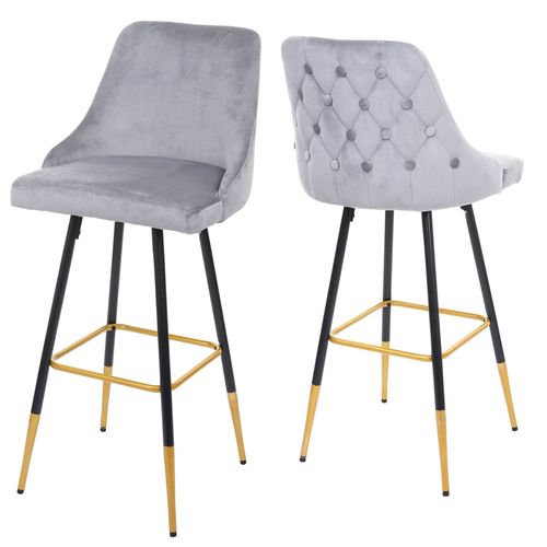 2x Tabouret De Bar Hwc-E70, Chaise De Bar/Comptoir, Design Rtro, Velours, Haubans/Pieds Dors   Gris